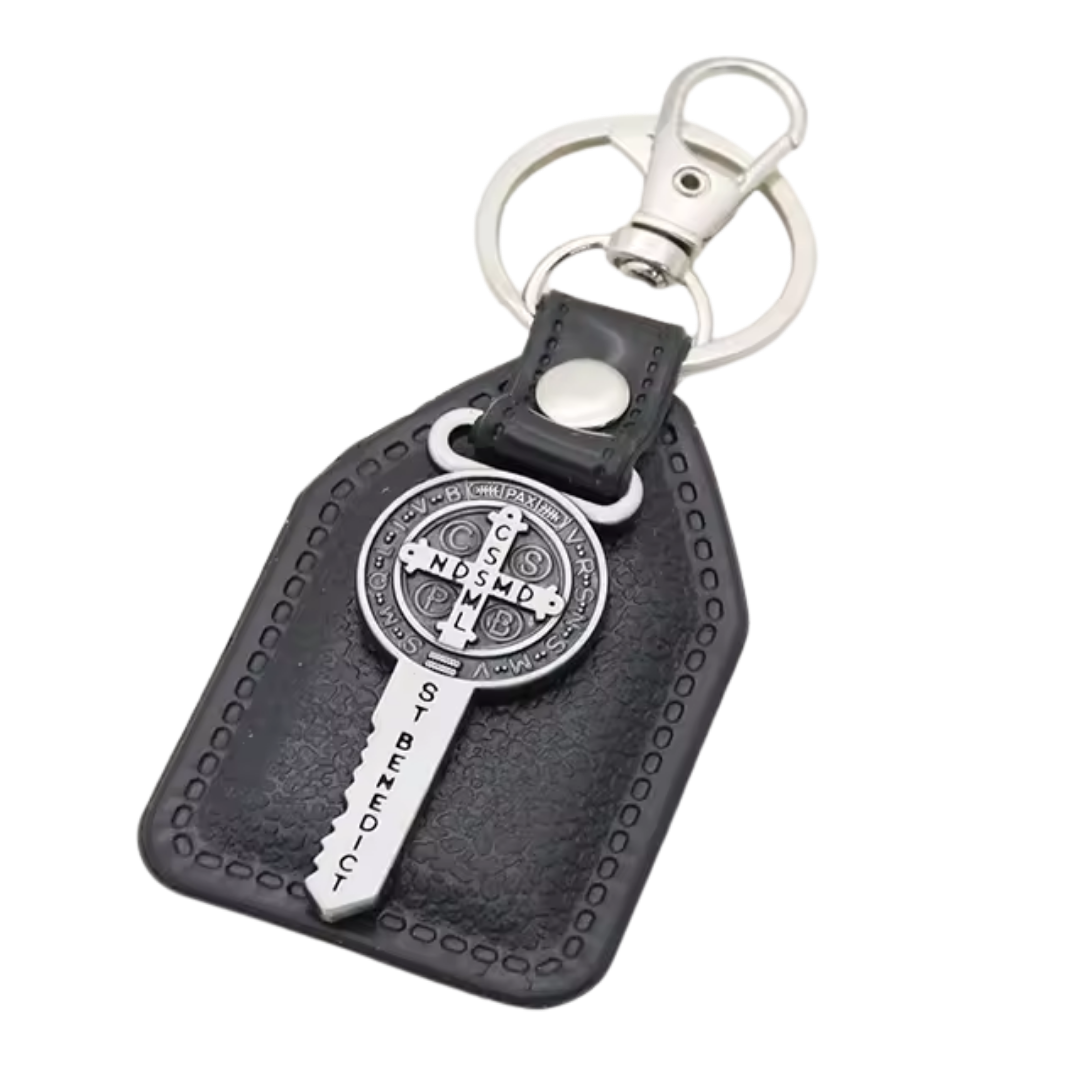 Saint Benedict Medallion Key Catholic Leatherette Keyring – 9.5 × 4 cm