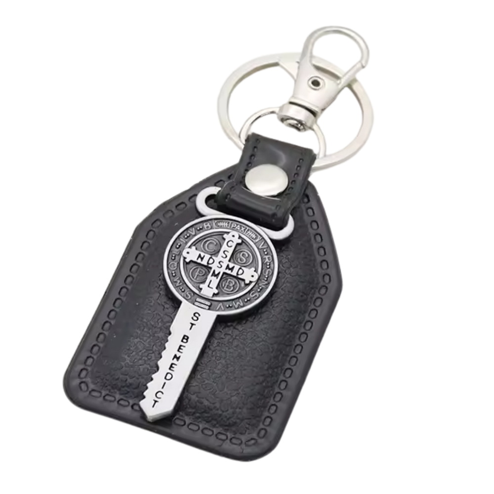 Saint Benedict Medallion Key Catholic Leatherette Keyring – 9.5 × 4 cm