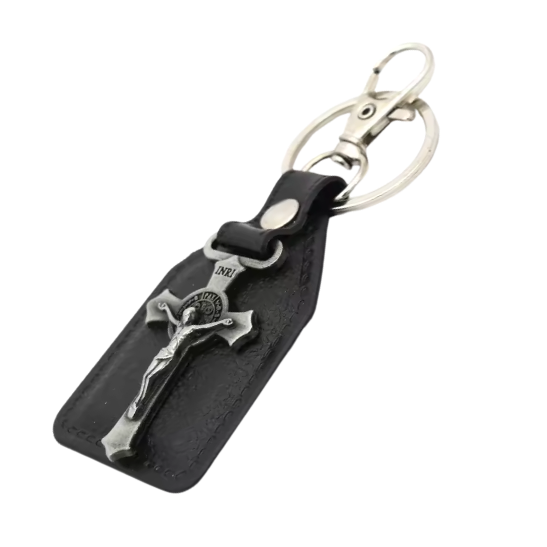Crucifix Catholic Leatherette Keyring – 9.5 × 4 cm