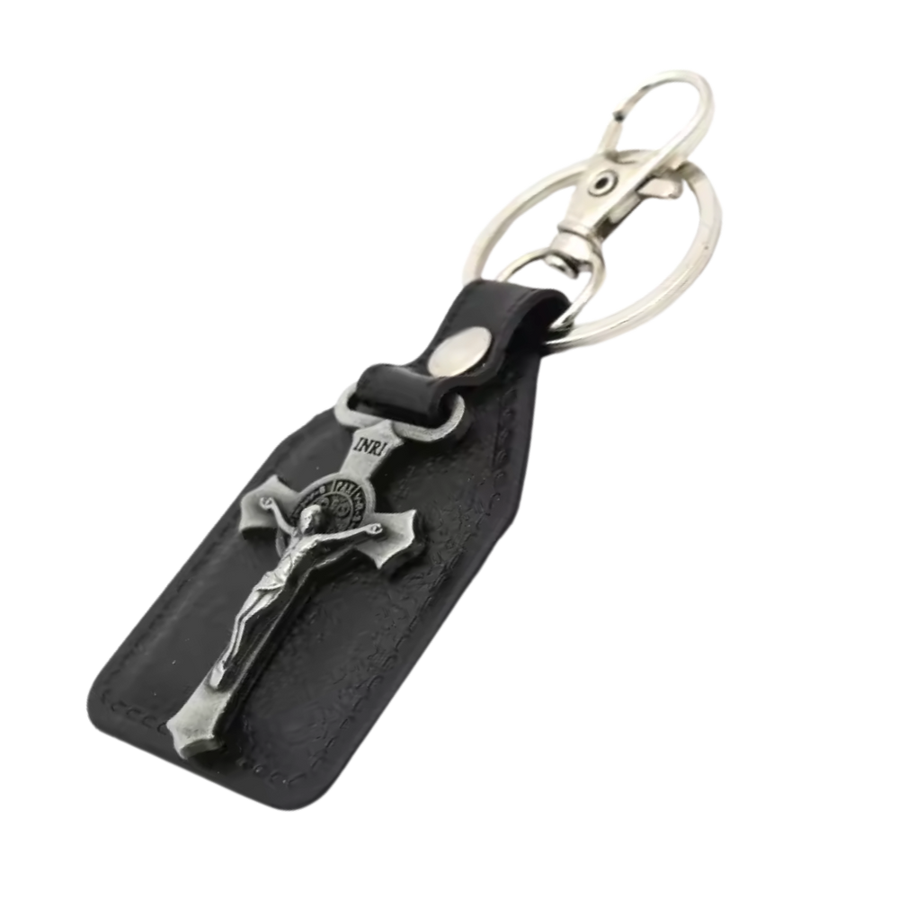 Crucifix Catholic Leatherette Keyring – 9.5 × 4 cm