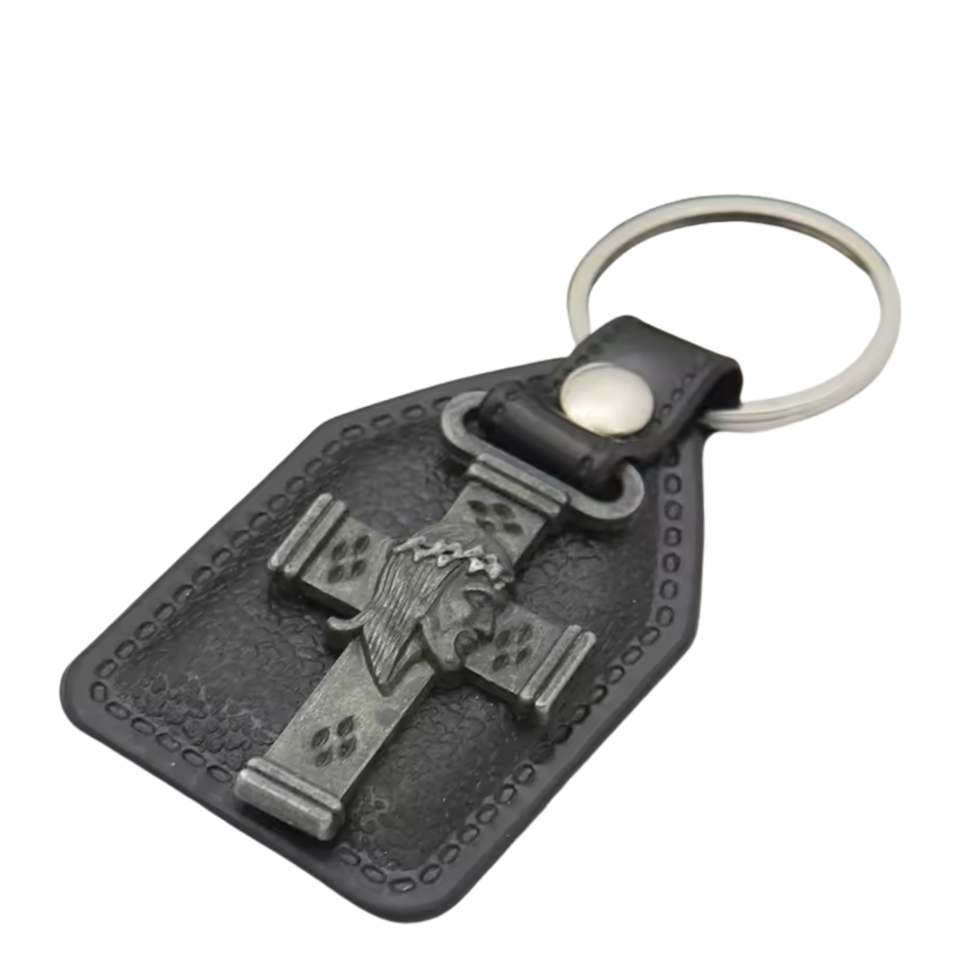 Crown of Thorns Crucifix Catholic Leatherette Keyring– 9 × 4 cm