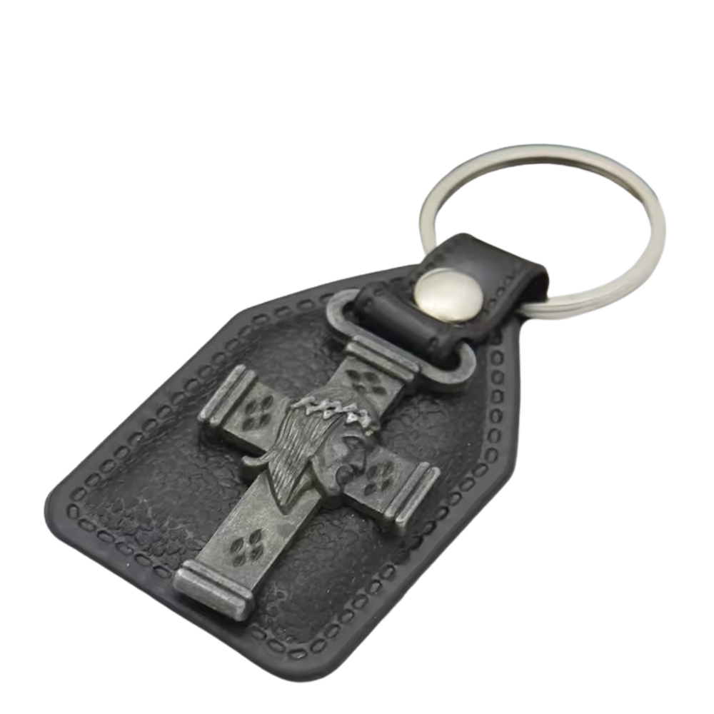 Crown of Thorns Crucifix Catholic Leatherette Keyring– 9 × 4 cm