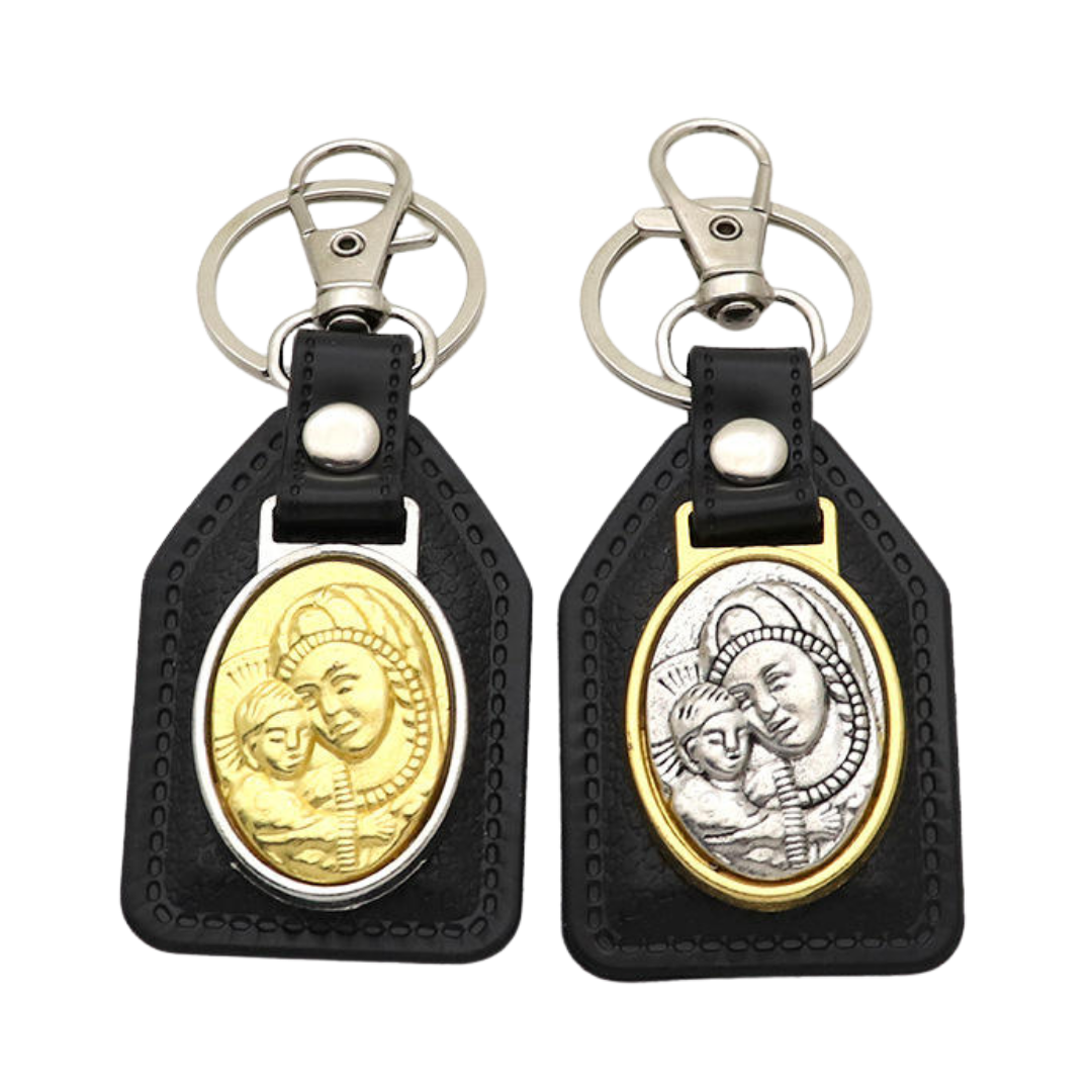 Our Lady and Child Catholic Leatherette Keyring – 10 × 4 cm (2 Colours Available)