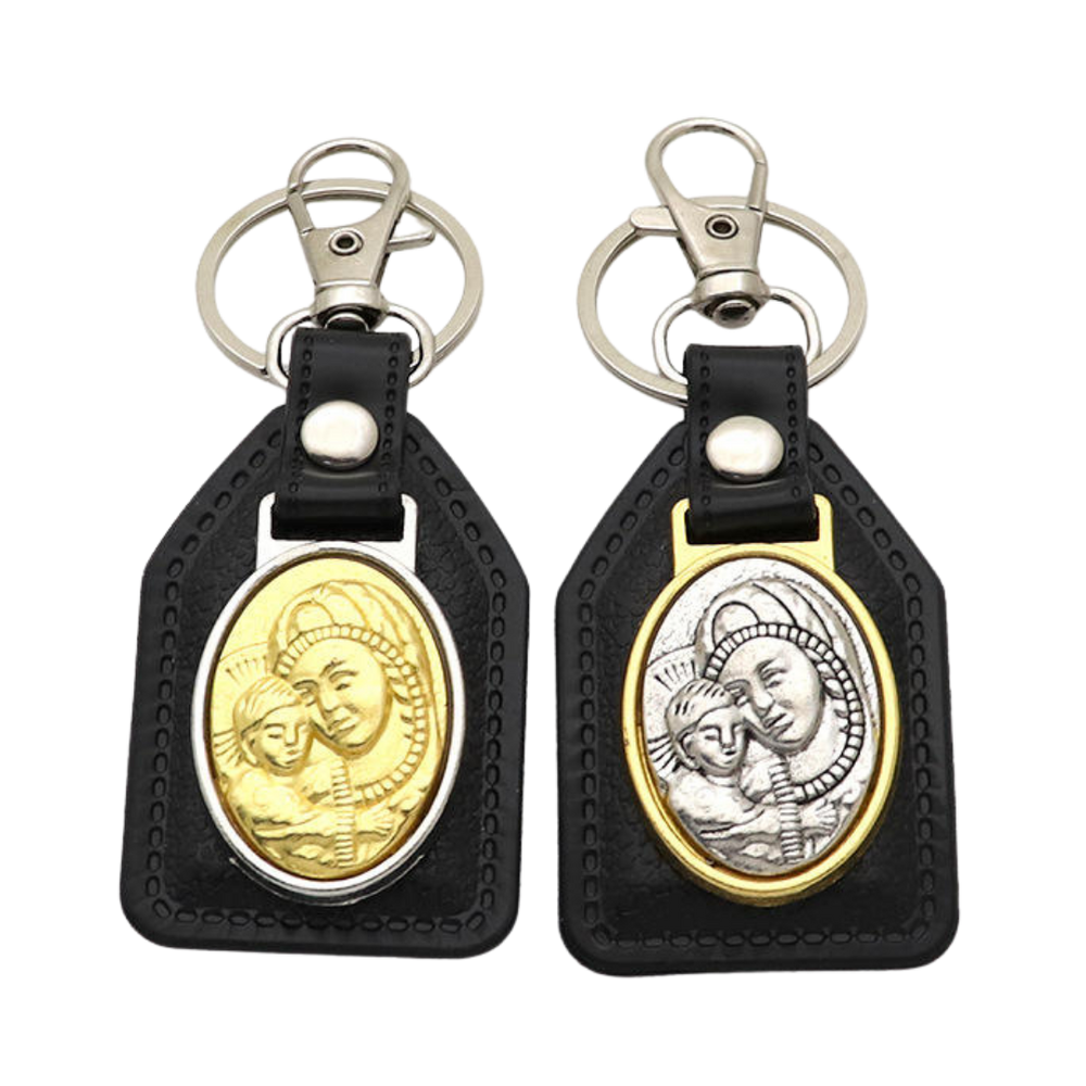 Our Lady and Child Catholic Leatherette Keyring – 10 × 4 cm (2 Colours Available)