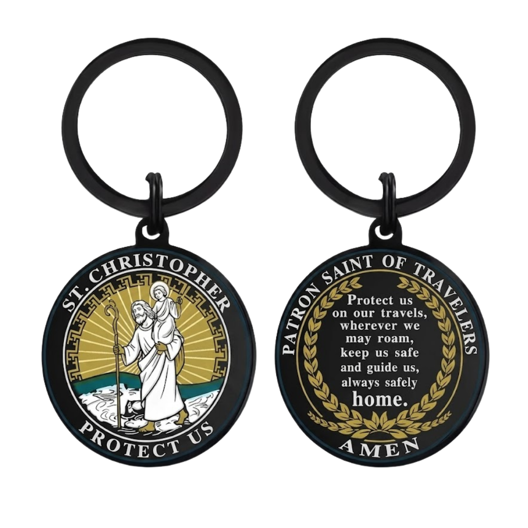 St. Christopher Patron Saint - Travellers Black Keyring (6 × 3 cm)