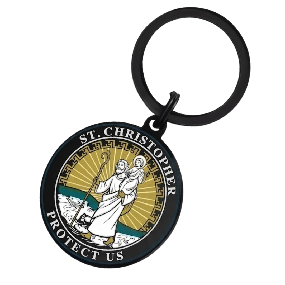 St. Christopher Patron Saint - Travellers Black Keyring (6 × 3 cm)