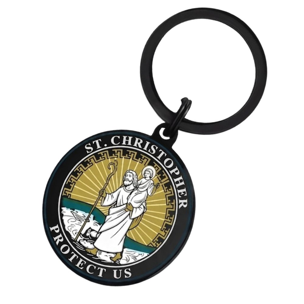 St. Christopher Patron Saint - Travellers Black Keyring (6 × 3 cm)