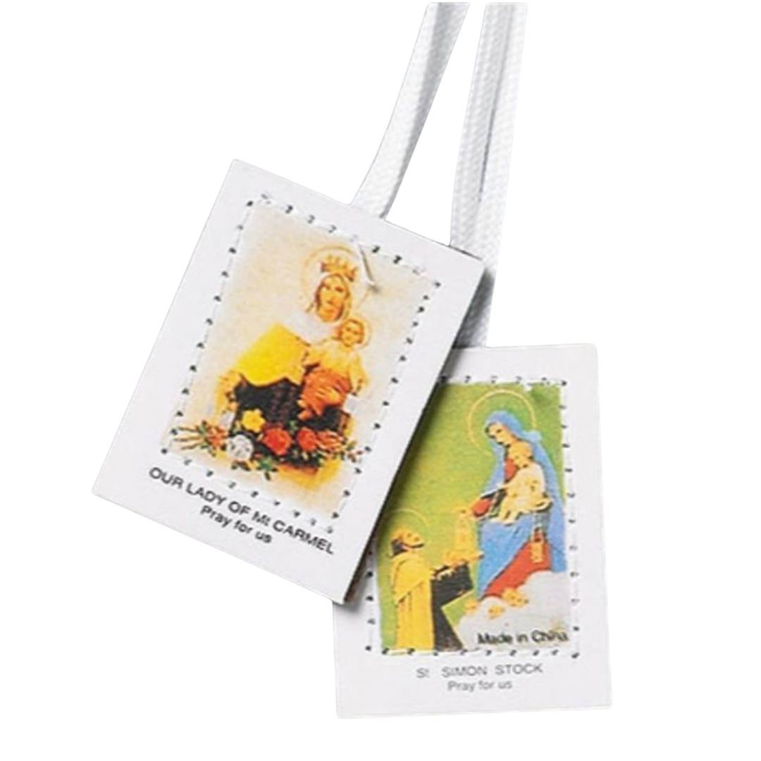 White Wool Felt Scapular of Our Lady of Mount Carmel & Saint Simon Stock (4.5 x 3.2 cm)
