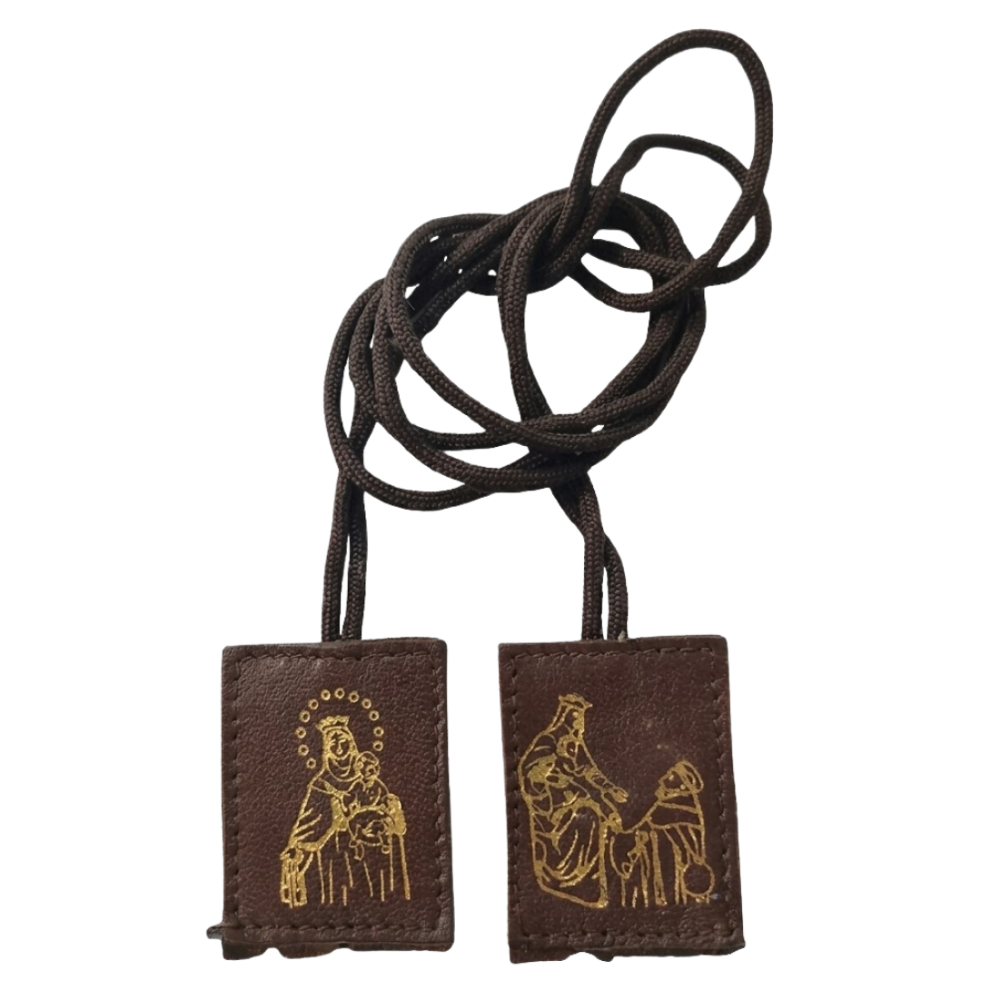 Traditional Leather Brown Scapular - Our Lady of Mount Carmel and Saint Simon Stock