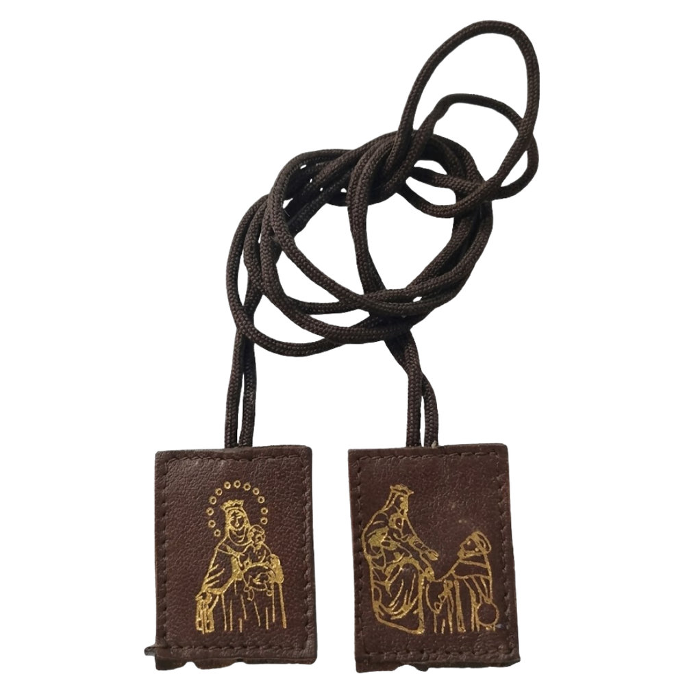 Traditional Leather Brown Scapular - Our Lady of Mount Carmel and Saint Simon Stock