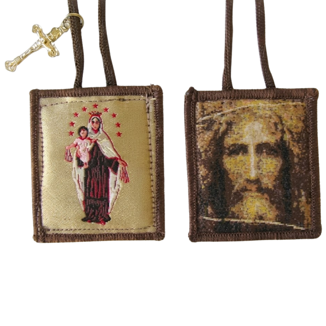 Brown Scapular of Our Lady of Mount Carmel and the Holy Face of Jesus with Crucifix