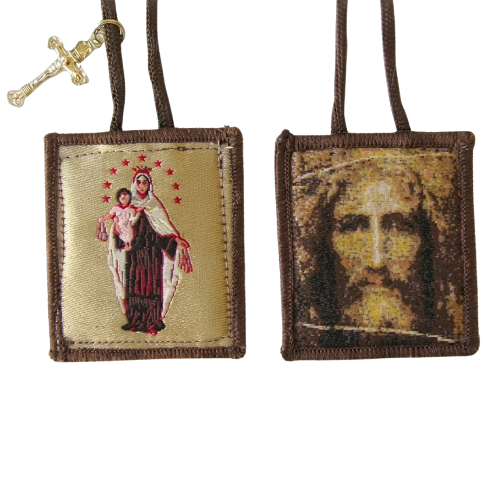 Brown Scapular of Our Lady of Mount Carmel and the Holy Face of Jesus with Crucifix