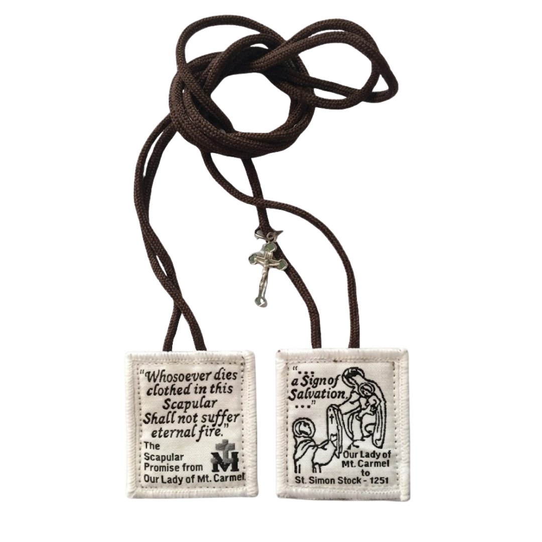White Brown Scapular of Our Lady of Mount Carmel and Saint Simon Stock with Crucifix - 5.5 x 4.5 cm