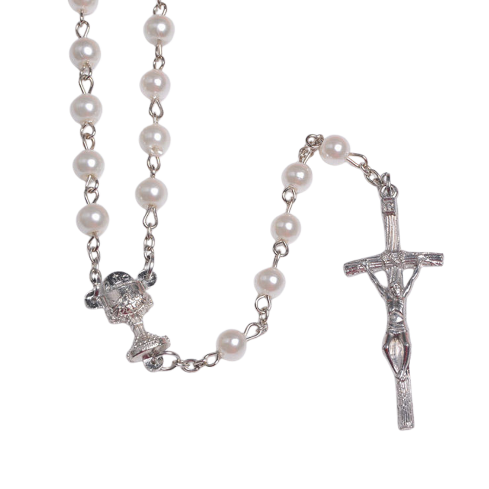 White Glass Pearl Beads Rosary