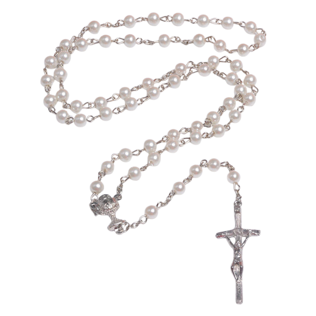 White Glass Pearl Beads Rosary