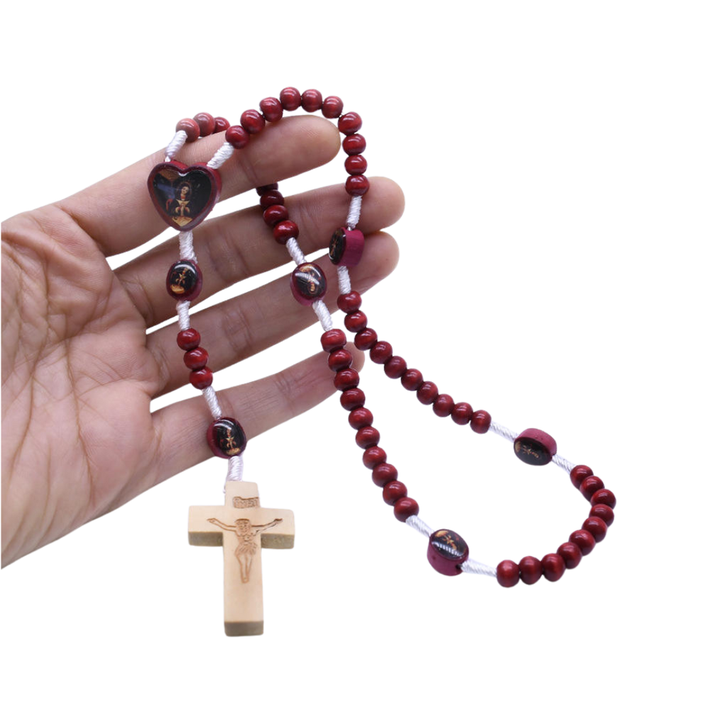 Virgin Mary Rosary Red Wooden Beaded