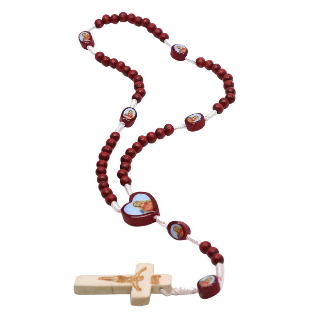 Virgin Mary Rosary Red Wooden Beaded