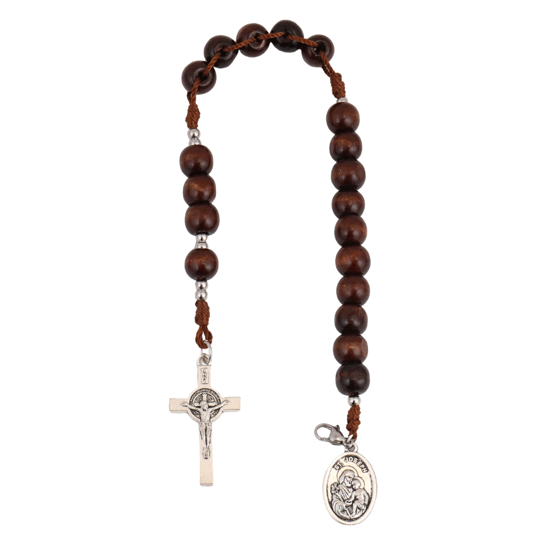 Catholic Wooden Pocket Rosary with St Joseph Medal