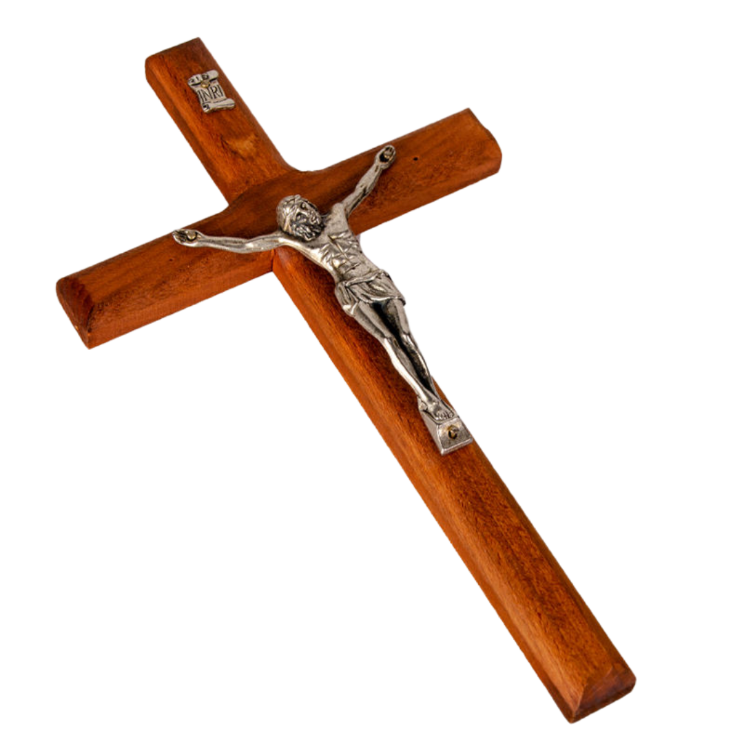 Wooden Wall Crucifix with Silver-Tone Corpus (Medium, 20cm)