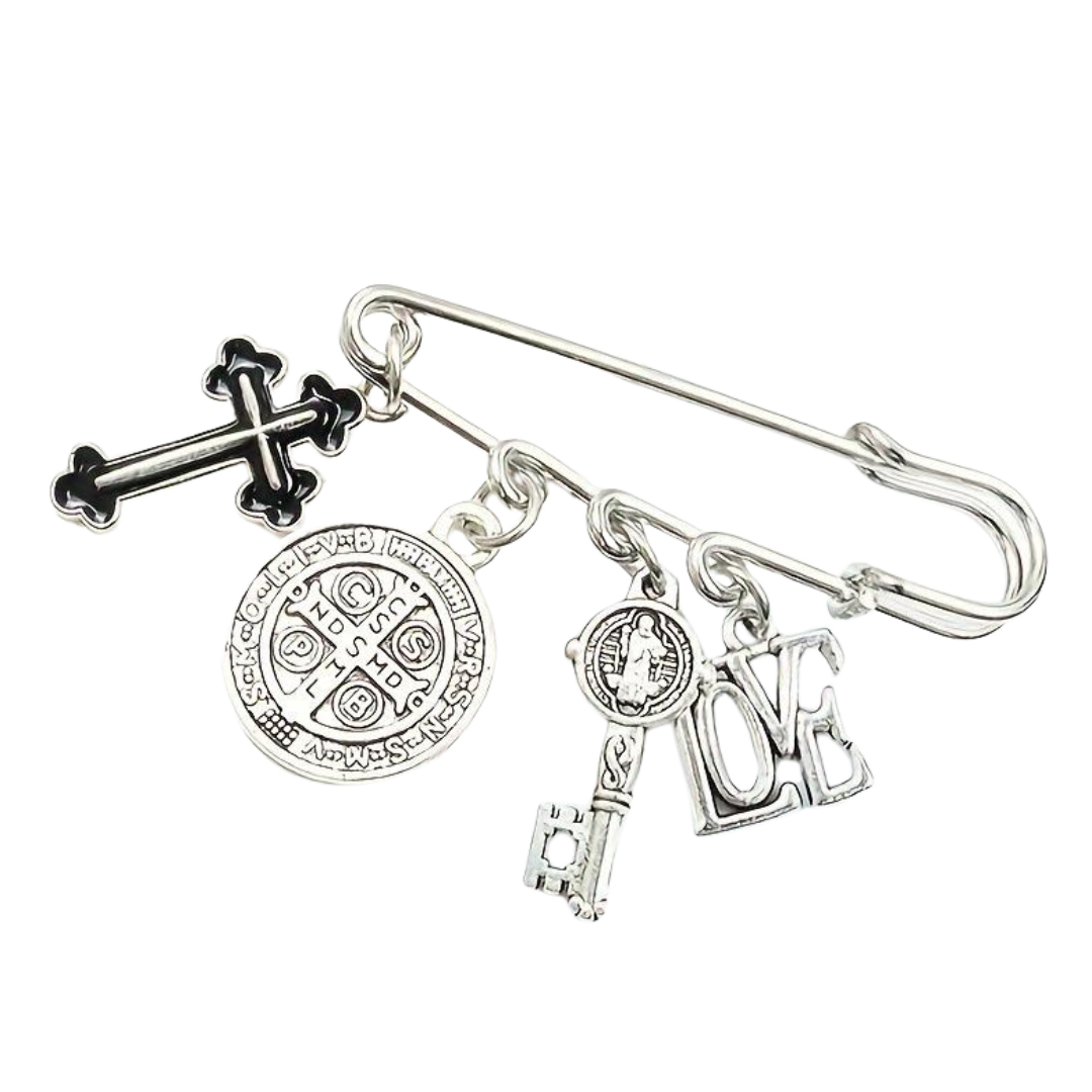 Silver & Black Enamel Crucifix and Saint Benedict Protection Brooch Pin