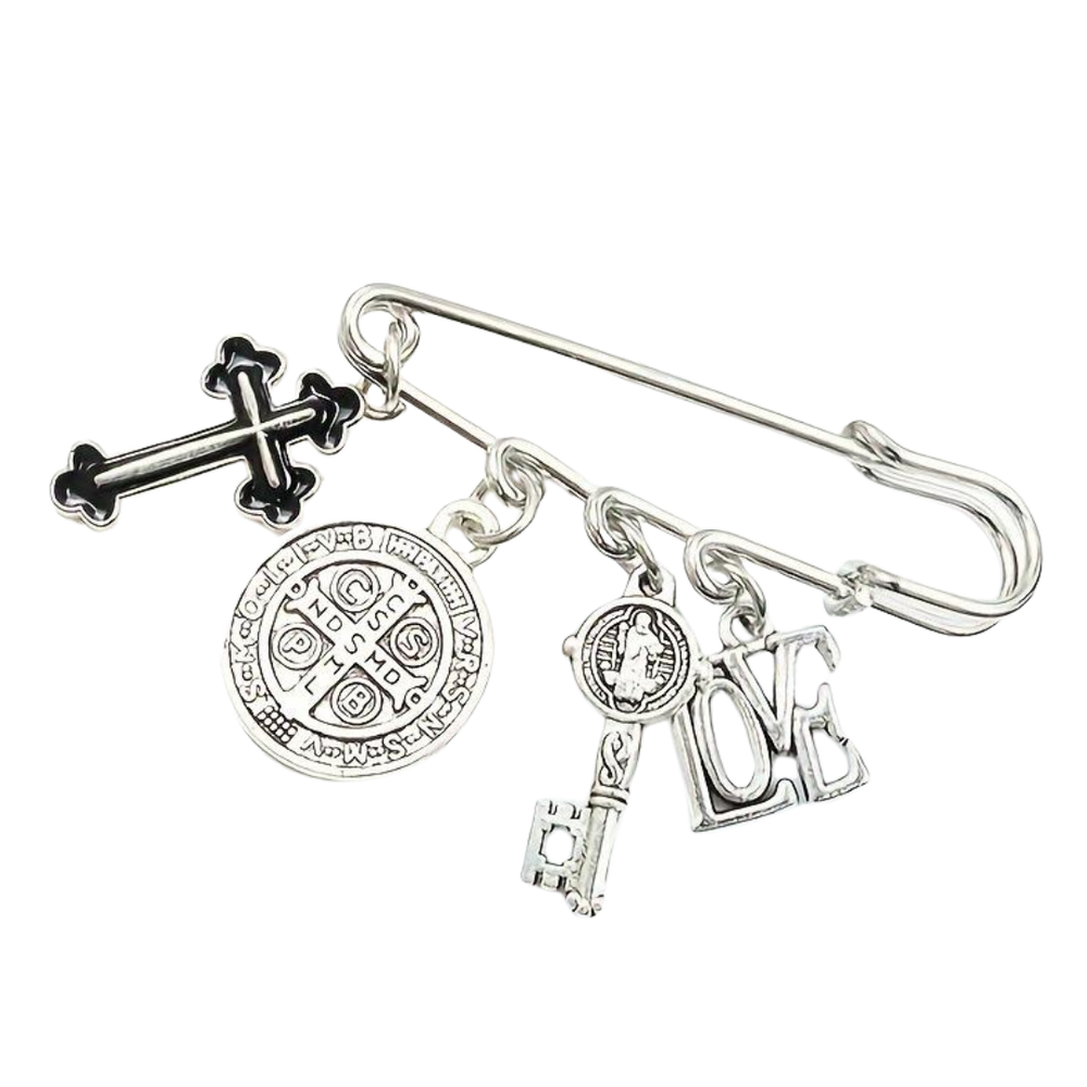 Silver & Black Enamel Crucifix and Saint Benedict Protection Brooch Pin