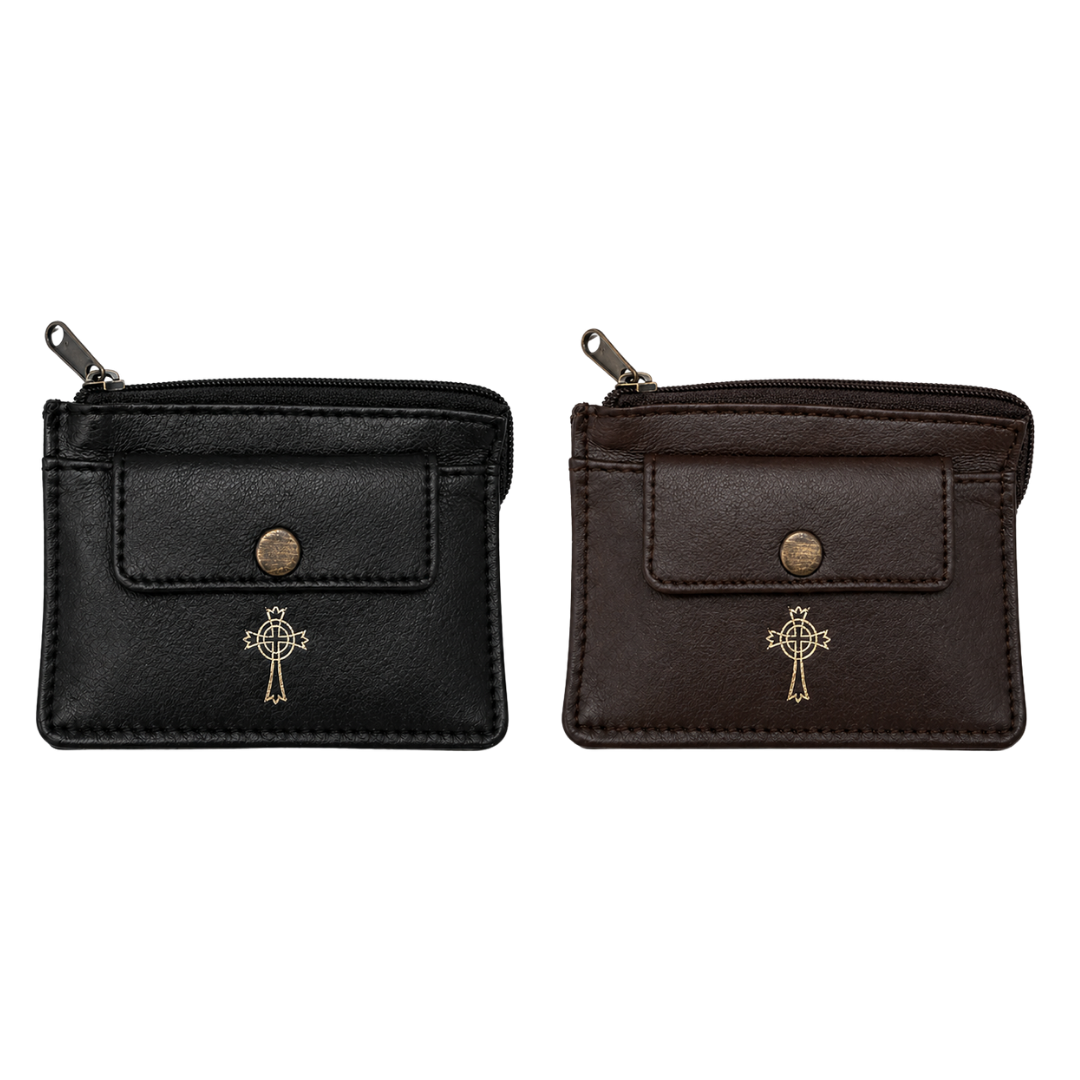 Real Leather 2 Pocket Rosary Coin Case - 2 Colours Available (10.2 cm Length x 7.6 cm Width)