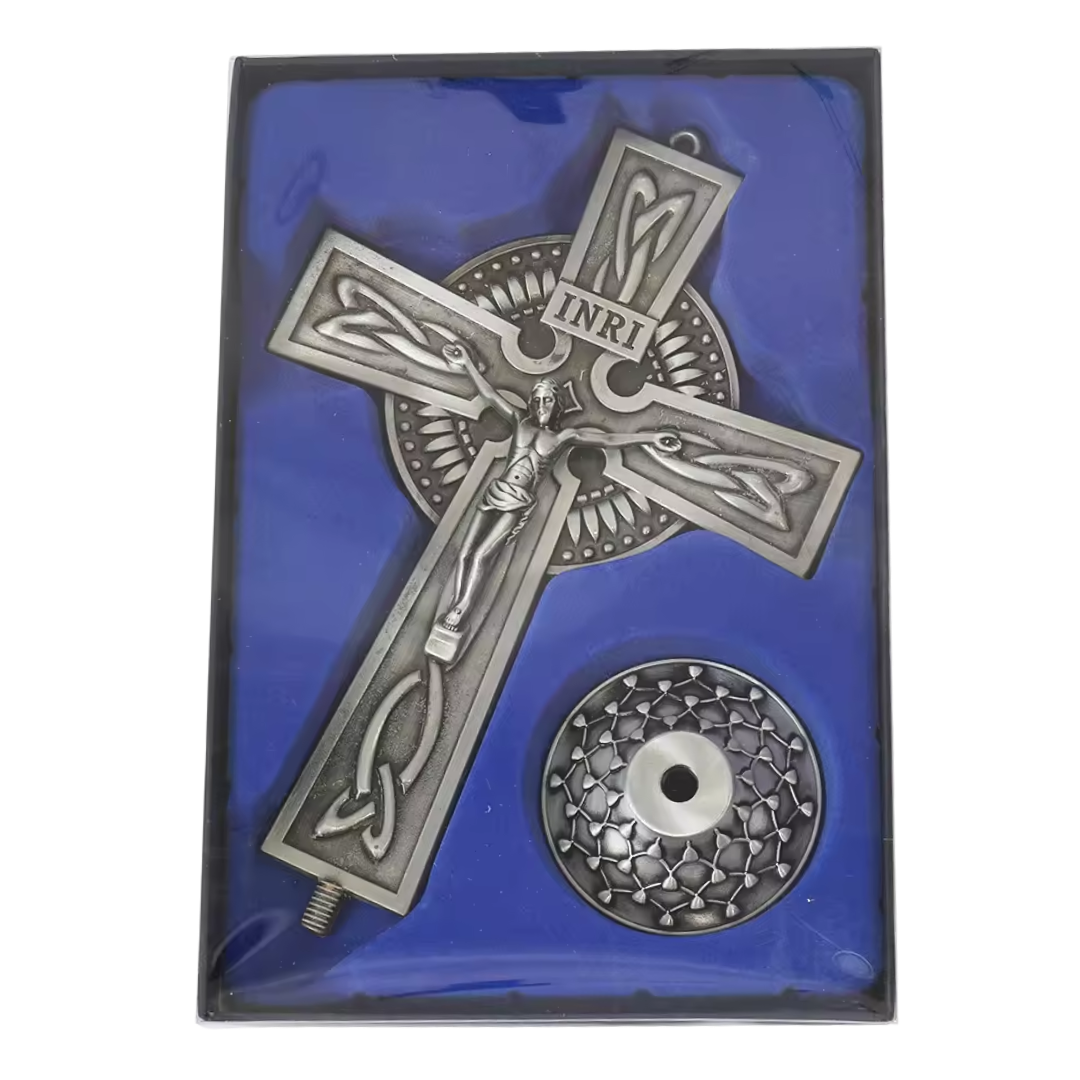 Standing Crucifix Ornament with Base – Red Copper, Antique Silver or Bronze Finish (20 cm × 13 cm)