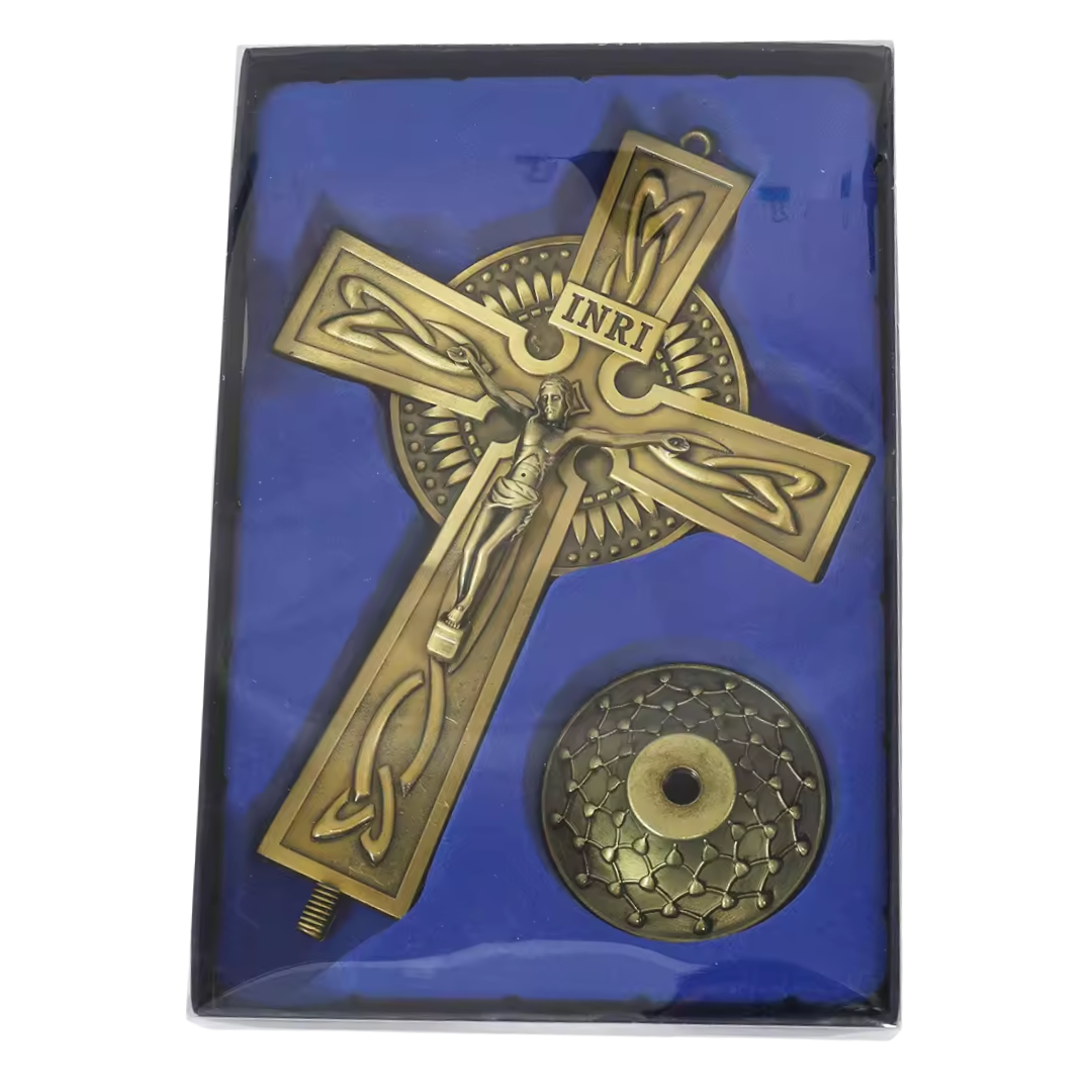 Standing Crucifix Ornament with Base – Red Copper, Antique Silver or Bronze Finish (20 cm × 13 cm)