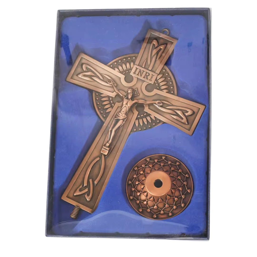 Standing Crucifix Ornament with Base – Red Copper, Antique Silver or Bronze Finish (20 cm × 13 cm)