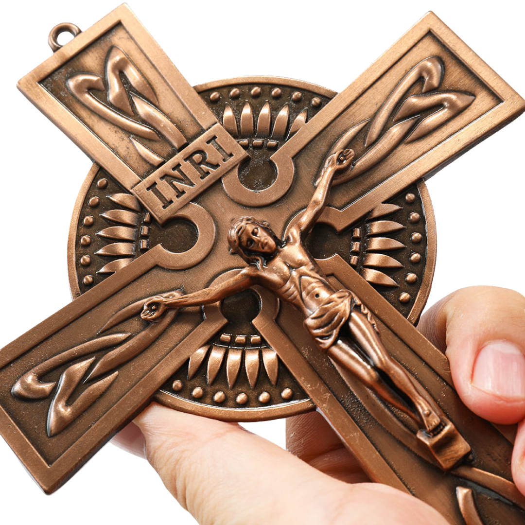Standing Crucifix Ornament with Base – Red Copper, Antique Silver or Bronze Finish (20 cm × 13 cm)