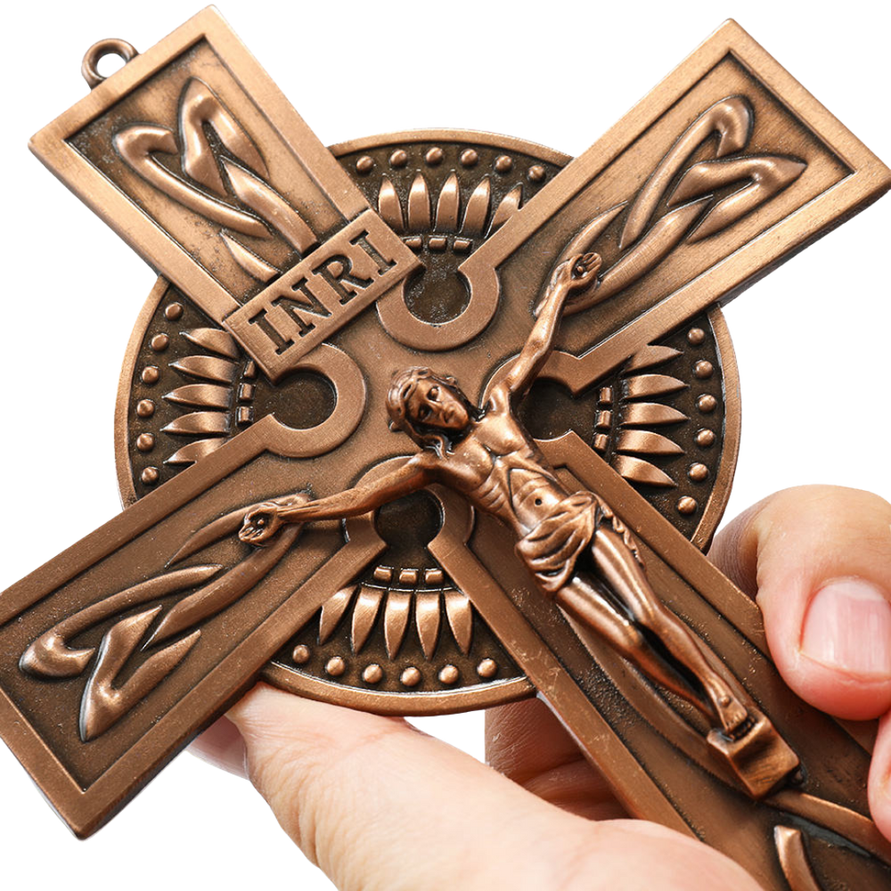 Standing Crucifix Ornament with Base – Red Copper, Antique Silver or Bronze Finish (20 cm × 13 cm)