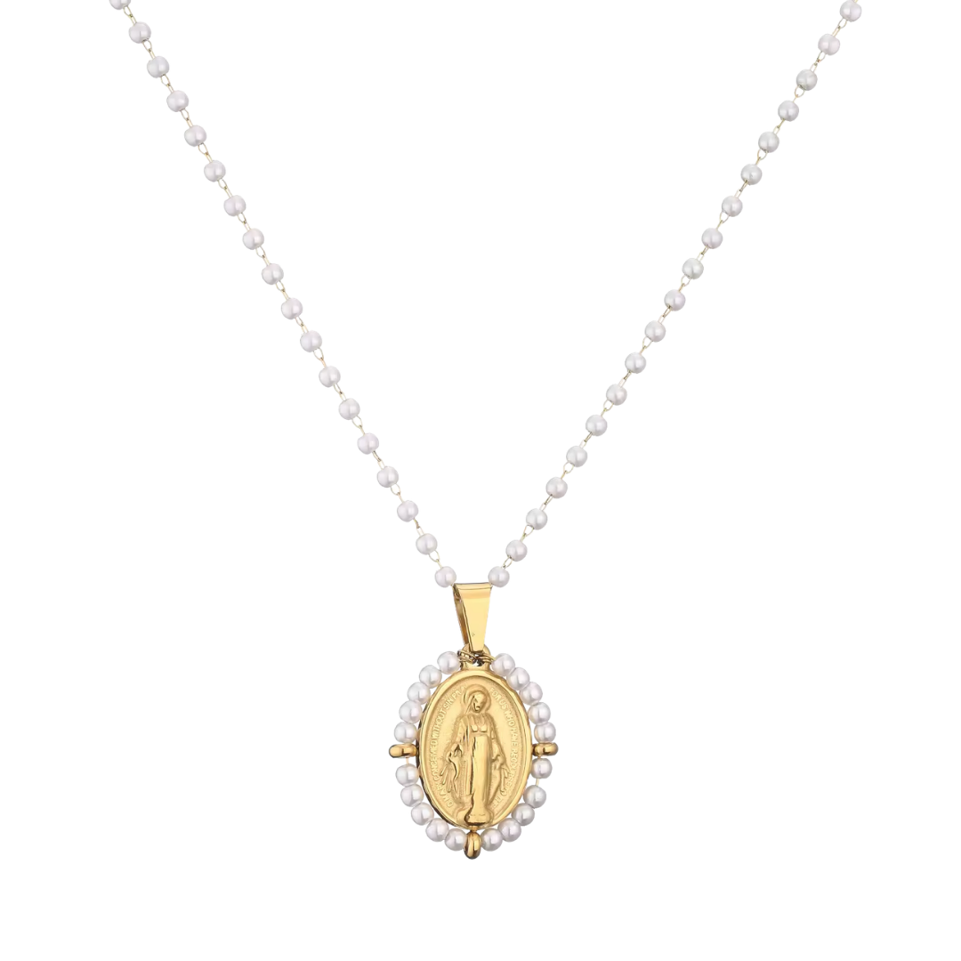 Crystal Beaded Virgin Mary Pendant Necklace – 6 Colours Available (50cm Length)
