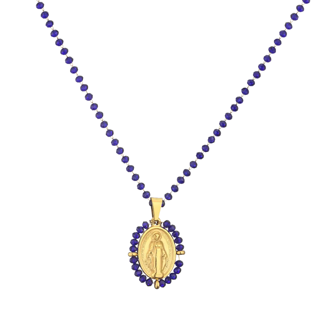 Crystal Beaded Virgin Mary Pendant Necklace – 6 Colours Available (50cm Length)