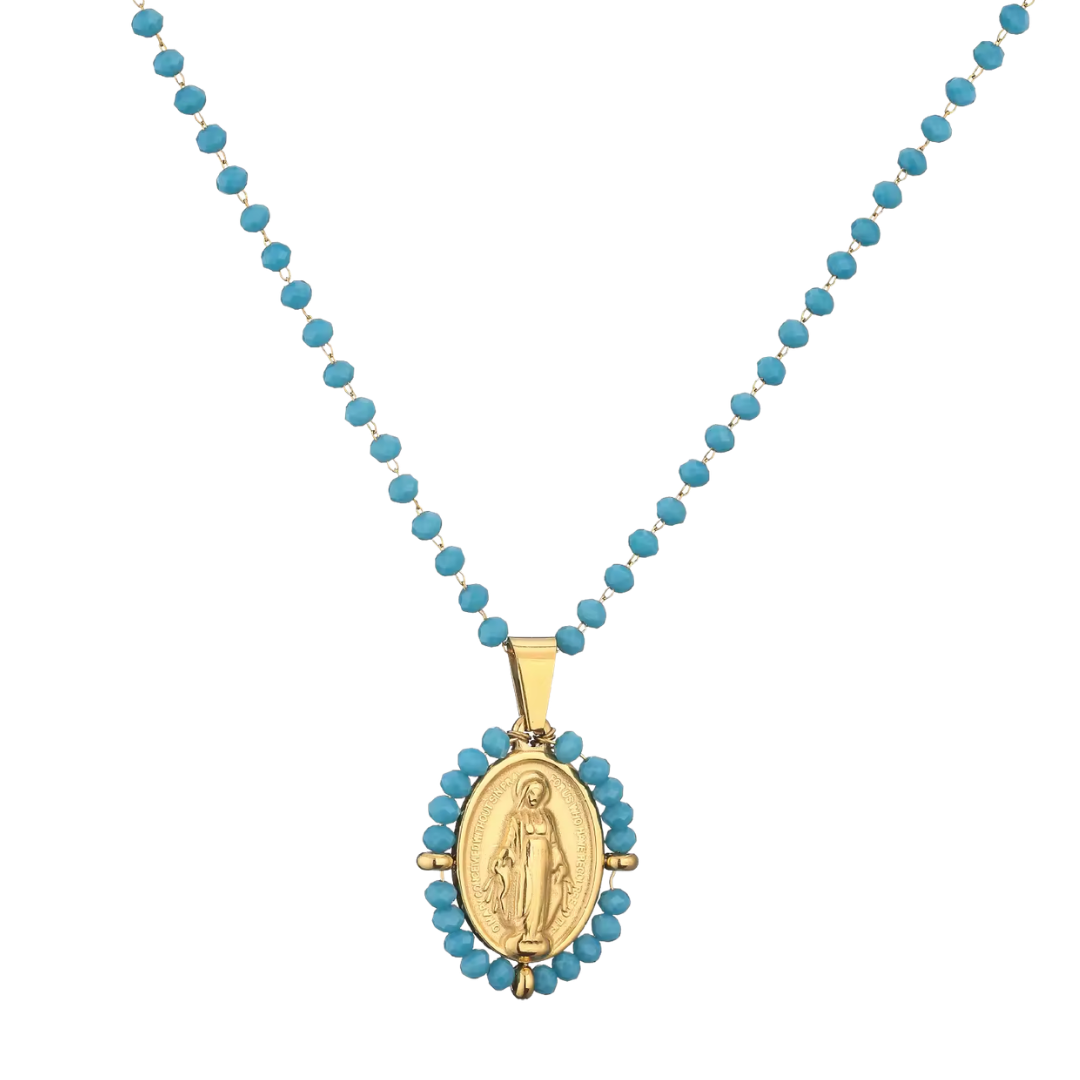 Crystal Beaded Virgin Mary Pendant Necklace – 6 Colours Available (50cm Length)