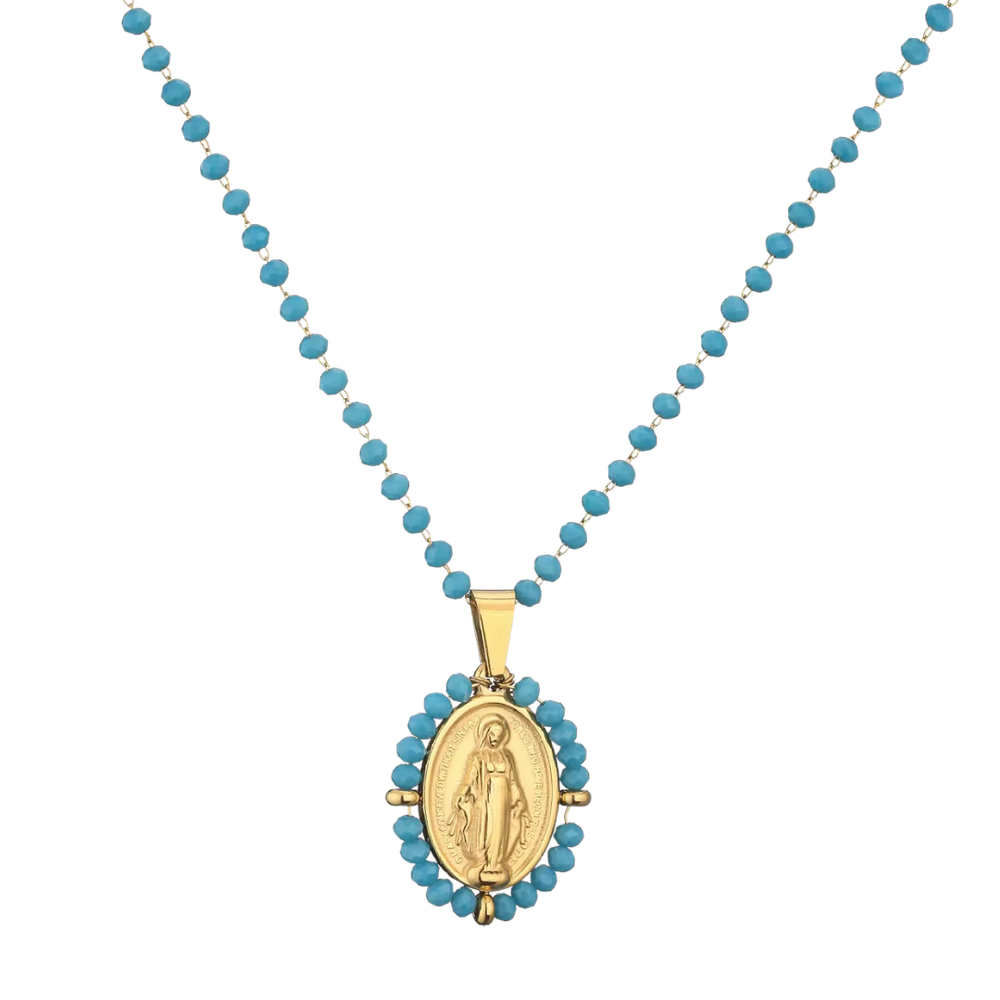 Crystal Beaded Virgin Mary Pendant Necklace – 6 Colours Available (50cm Length)