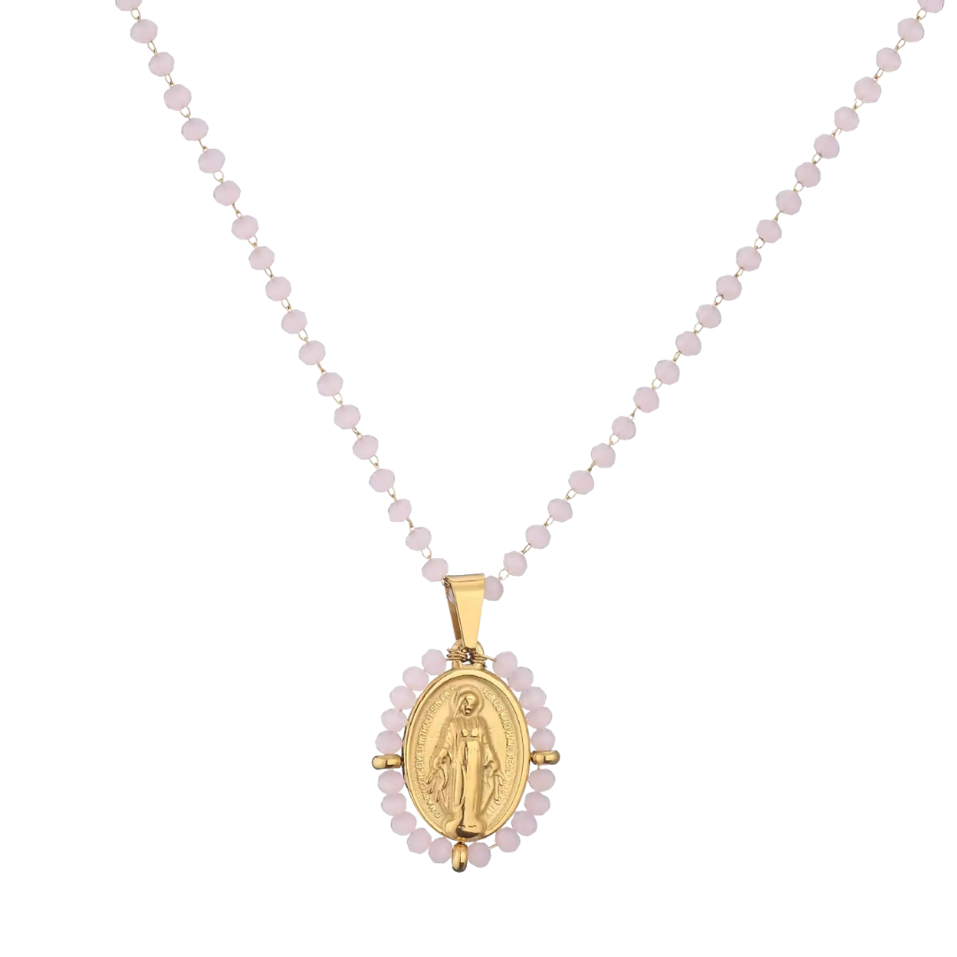 Crystal Beaded Virgin Mary Pendant Necklace – 6 Colours Available (50cm Length)