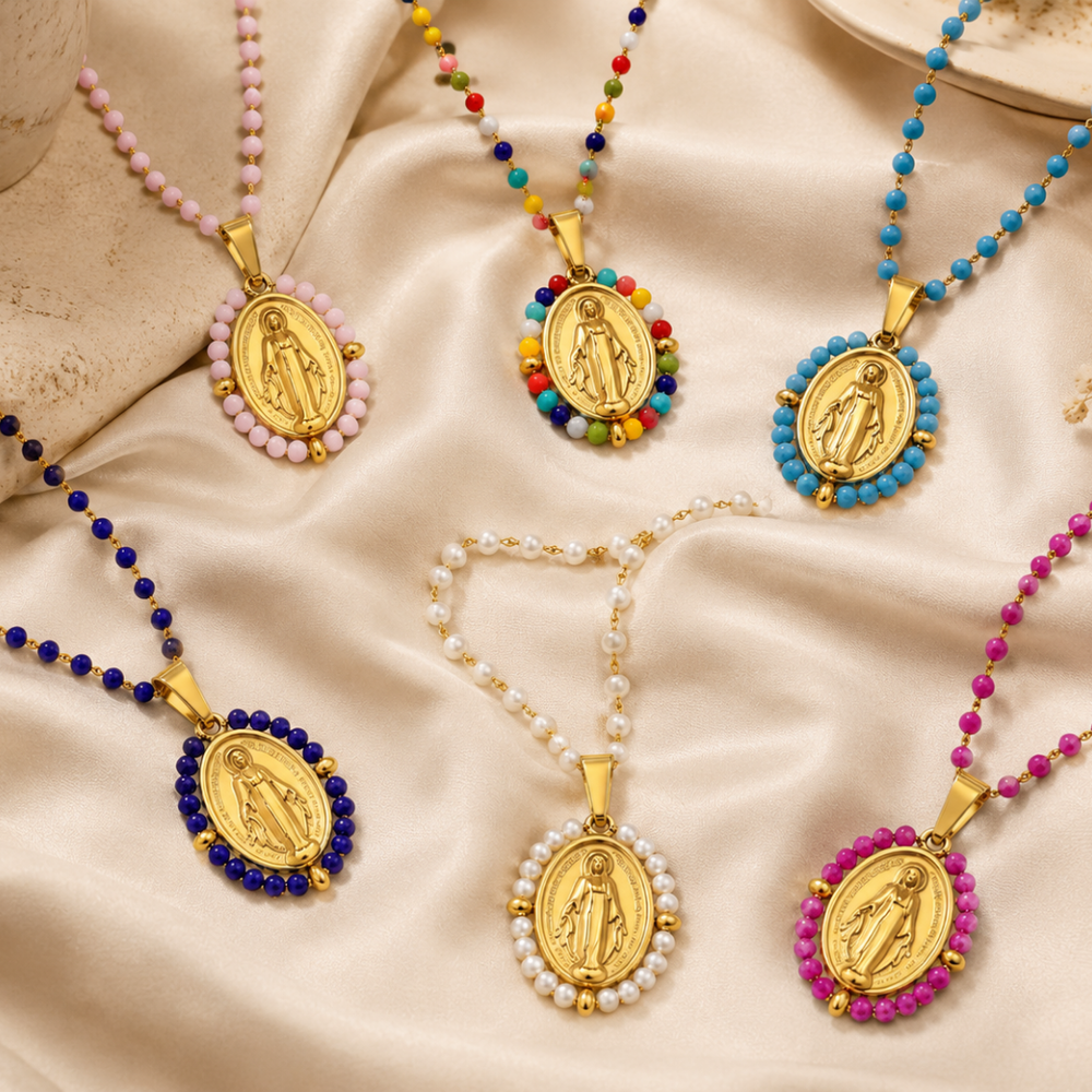 Crystal Beaded Virgin Mary Pendant Necklace – 6 Colours Available (50cm Length)