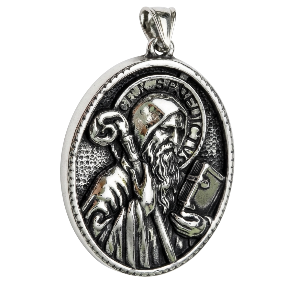 St. Benedict Pendant Medal Necklace with Chain – Silver Stainless Steel (60cm)