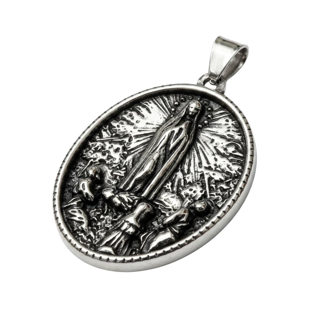 Our Lady of Lourdes Medal Necklace – Silver Stainless Steel (60cm)