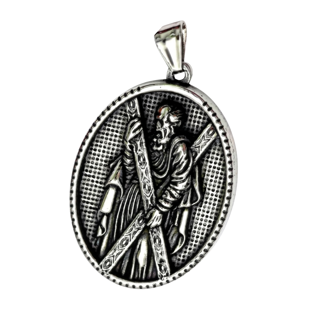 St. Andrew Crucifix Pendant Medal Necklace – Silver Stainless Steel (60cm)