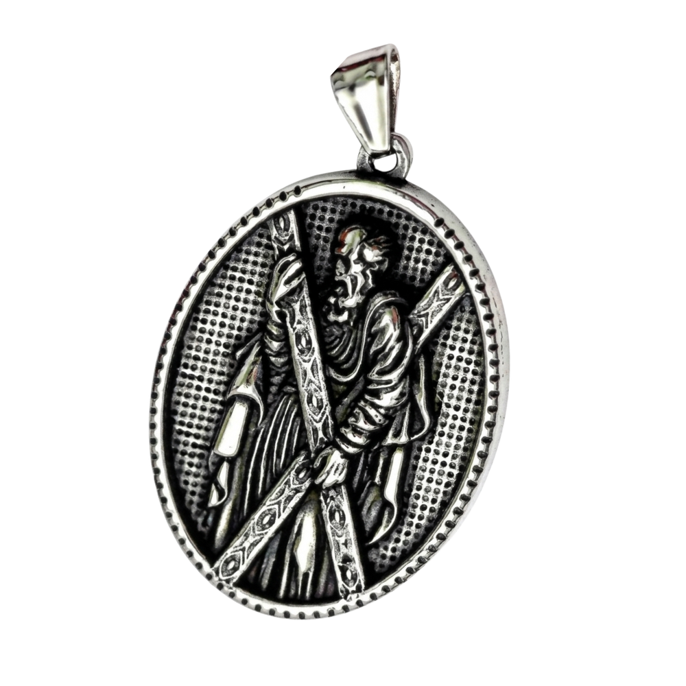 St. Andrew Crucifix Pendant Medal Necklace – Silver Stainless Steel (60cm)
