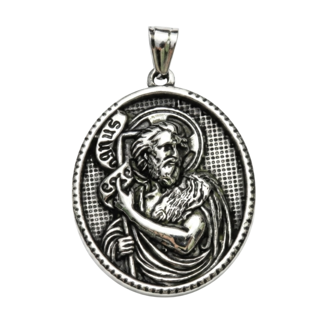 St. John the Baptist Medal Pendant Necklace – Silver Stainless Steel (60cm)