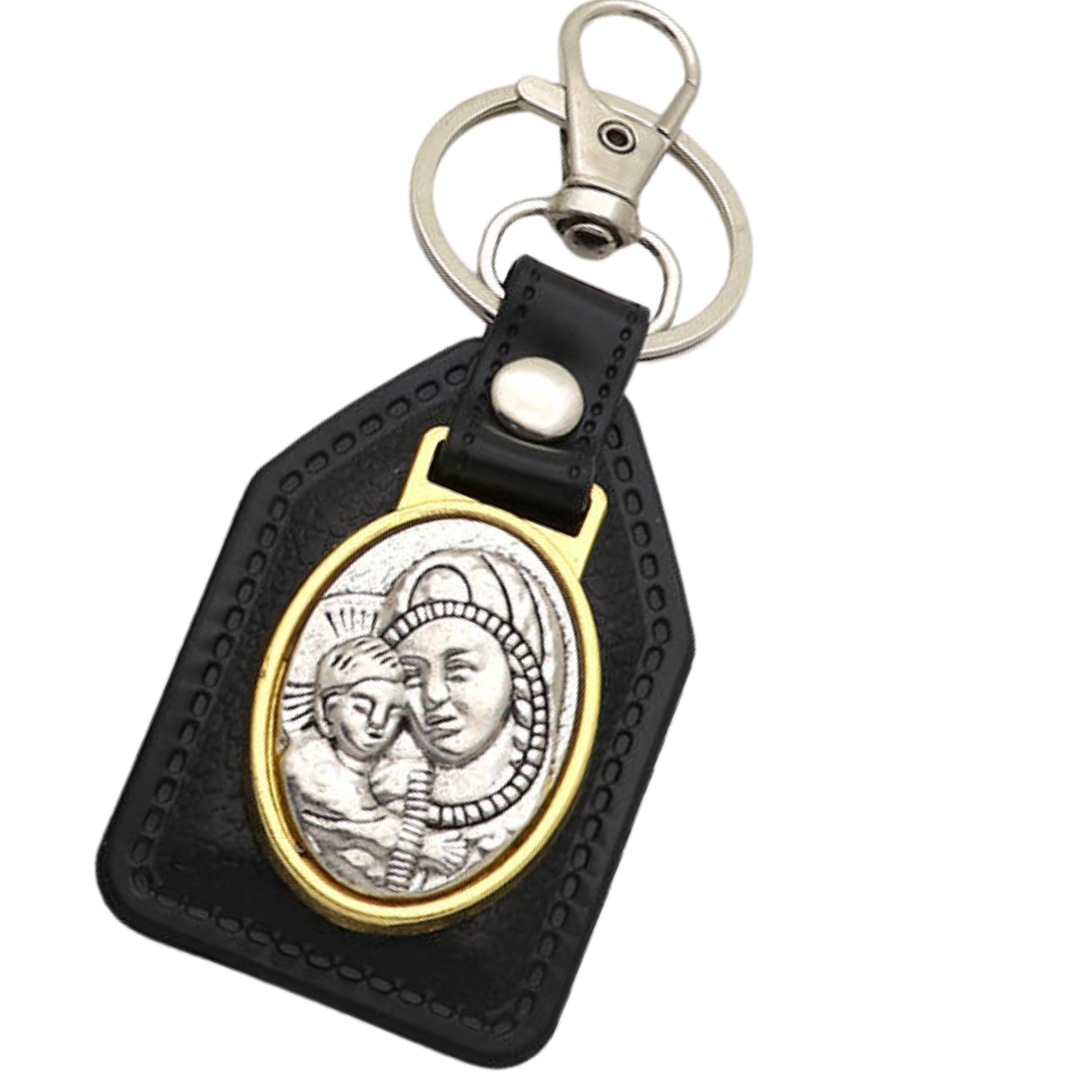 Our Lady and Child Catholic Leatherette Keyring – 10 × 4 cm (2 Colours Available)
