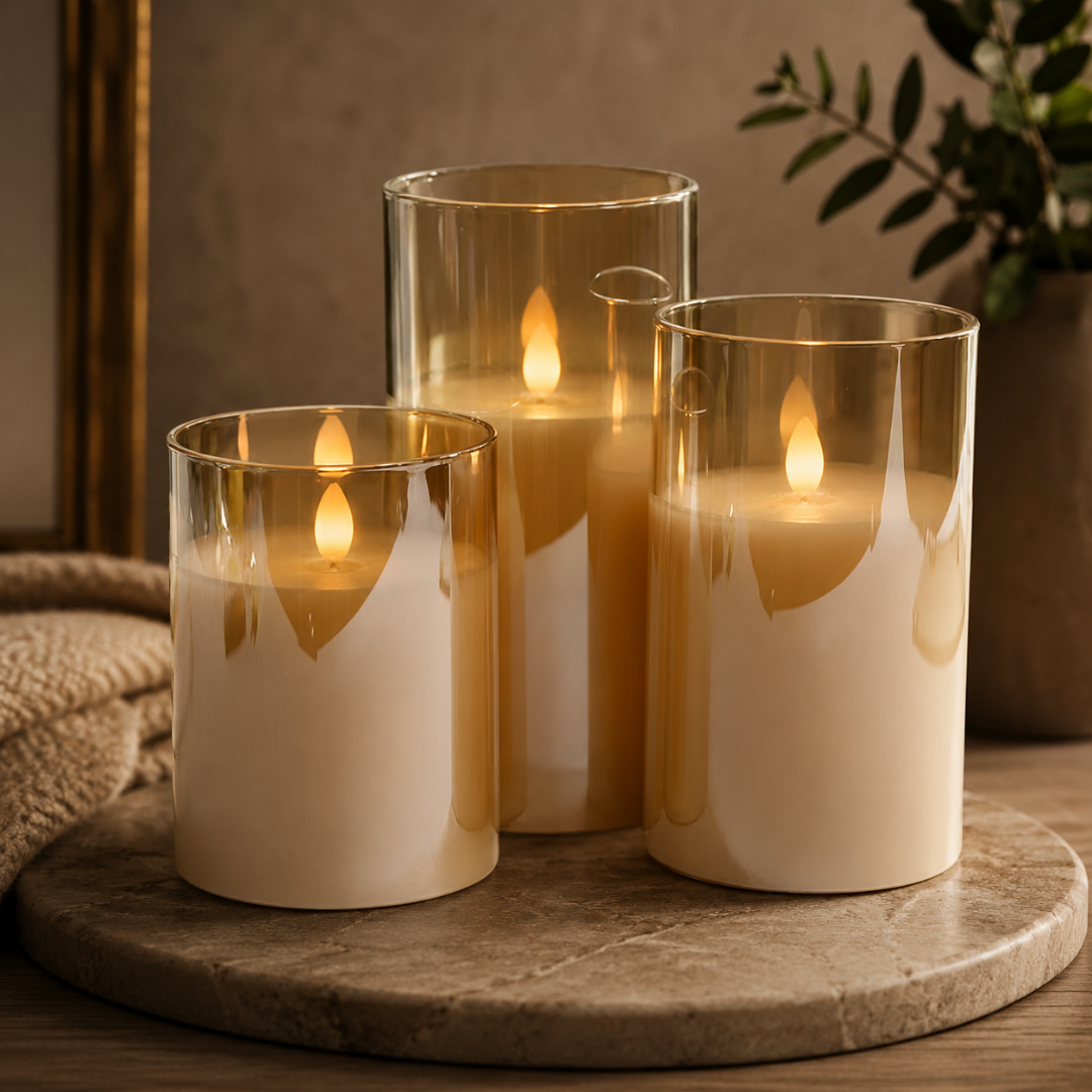 Amber Glass + Real Wax Devotional LED Pillar Candle (3 sizes available)