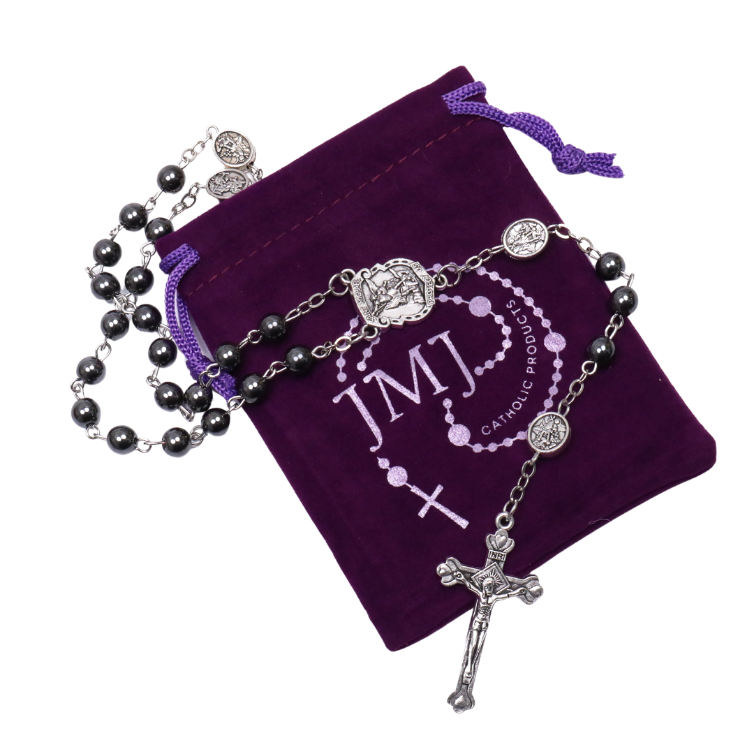 St Michael Hematite Rosary with Crucifix – 6 mm Beads