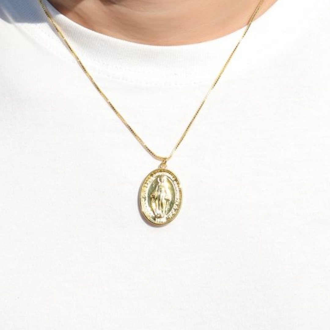 18K Gold-Plated Miraculous Medal Necklace – (Chain Length 28 cm)