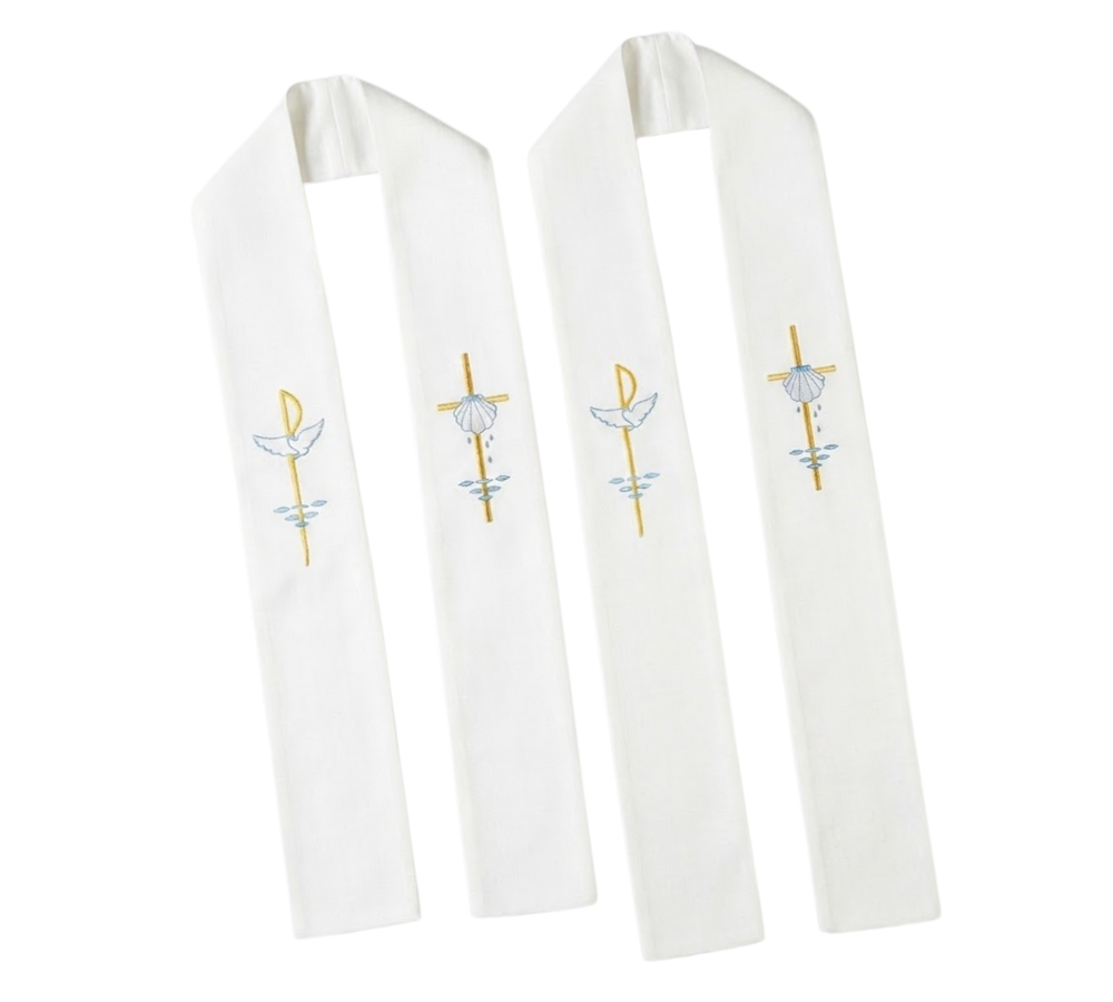 Child Confirmation Stole - White Holy Spirit & Baptism Embroidered (For Kids - 2 Sizes Available)