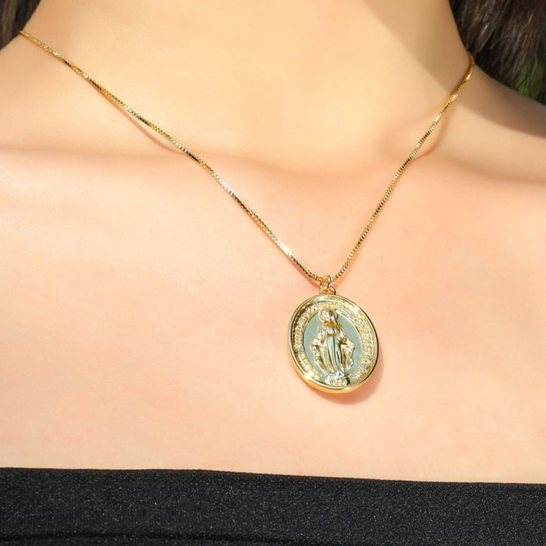 18K Gold-Plated Miraculous Medal Necklace – (Chain Length 28 cm)