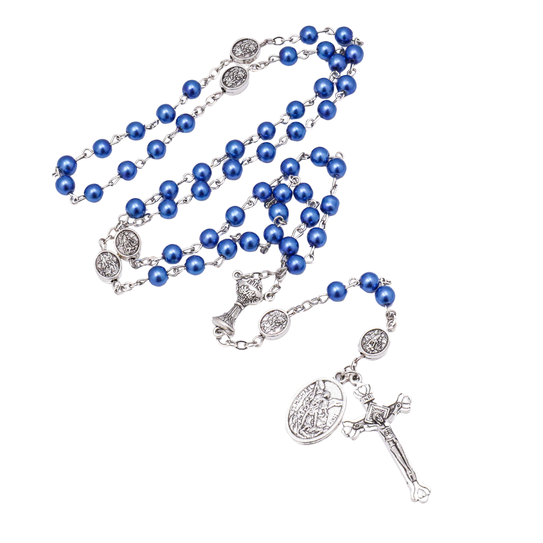 St Michael Blue Pearl Rosary with Crucifix – 6mm Beads