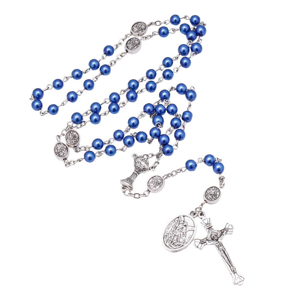 St Michael Blue Pearl Rosary with Crucifix – 6mm Beads